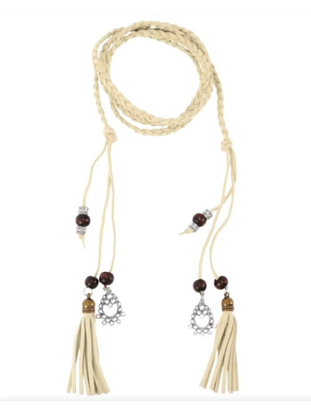 White/Beige Braided Wrap-Around Waist Belt With Tassels & Metal Charms